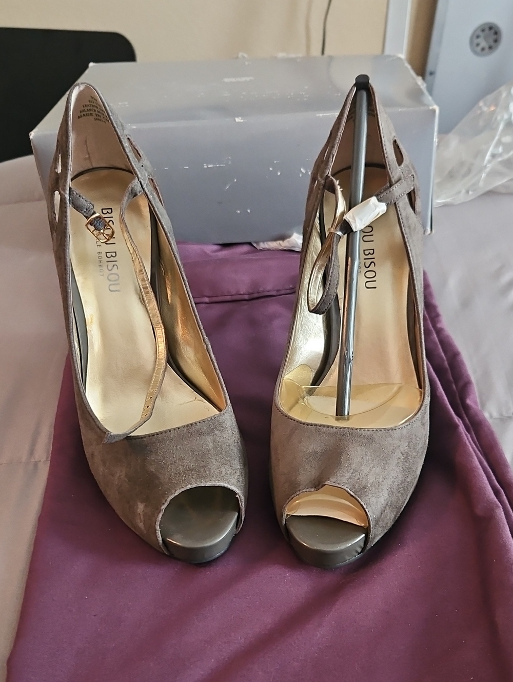 Bisou Bisou Taupe Suede Peep-Toe Ankle Strap Heels